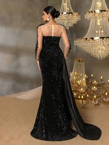 Faeriesty 优雅深V领美人鱼晚礼服，配以薄纱袖和高开衩 | 亮片装饰正式礼服，带可拆卸拖尾，适合出席黑领结晚宴、红毯活动、豪华婚礼招待会、歌剧之夜和慈善舞会 - 黑色 - 查看 2