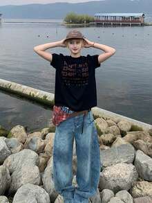 200g Pure Cotton T-Shirt 2025 Summer Ladies New Short Sleeve Pure Cotton Holiday Pattern Short Sleeve Round Neck Couple Wear Small Shirt Tops - 黑色粉字 - 查看 4