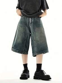 American Retro Washed High Street Stitching Denim Shorts Men's Summer Wide-Leg Distressed Loose Casual Cropped Pants Classic Hot Style Unisex - 彩色 - 查看 4
