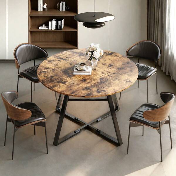 HOKZYHOUSE Mesa de comedor para salón, 4-6 personas, 120 cm, con estante, forma redonda de madera, estructura de metal negro, extraíble, para cocina y comedor, apta para uso exterior, color marrón