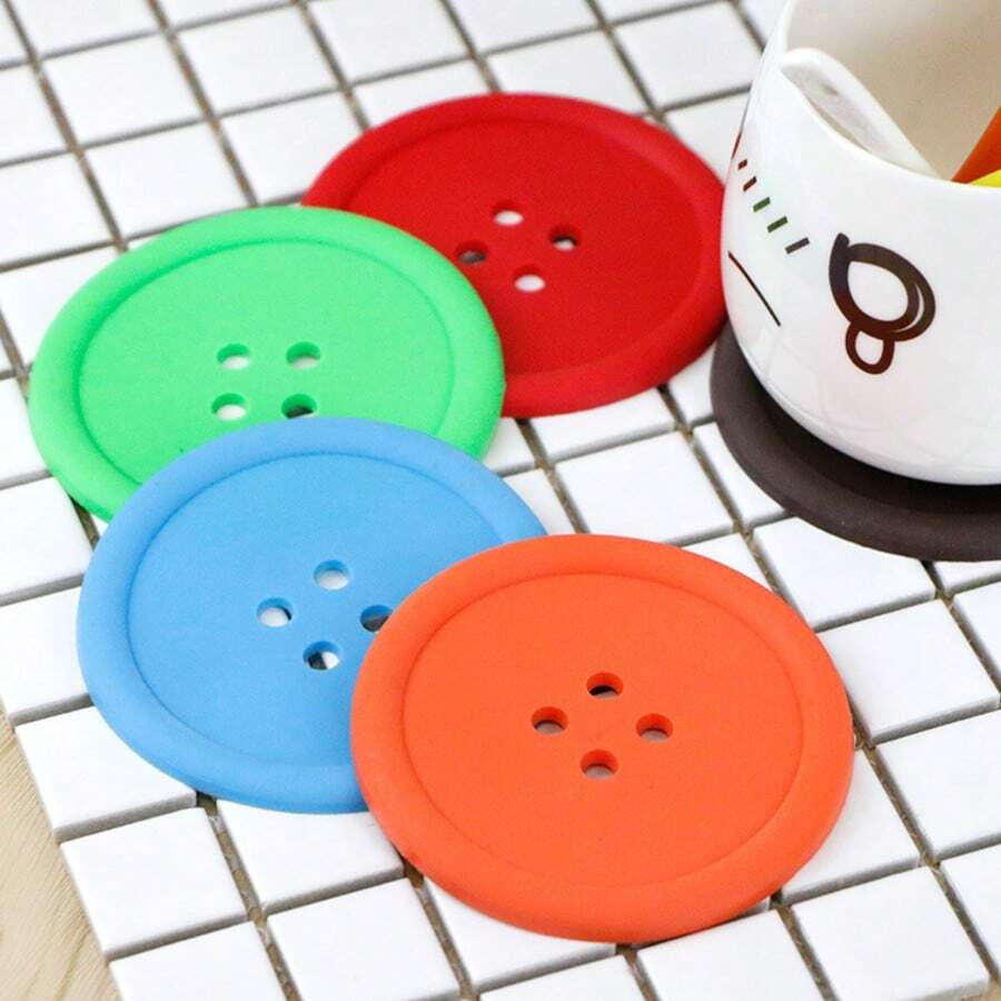 Cute Button Silicone Cup Coasters, Heat-Resistant, Creative Round Soft Rubber Non-Slip Coasters For Tableware - Multicolor - View 1