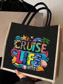 Bộ túi tote bằng vải bố in họa tiết "Cuộc sống trên du thuyền", bao gồm cả túi đựng mỹ phẩm cùng màu - Túi tote dung tích lớn được trang trí bằng các họa tiết đại dương đầy màu sắc (cá heo, sao biển, vỏ sò, cây cọ), một phụ kiện thời trang cần thiết cho du lịch biển và du thuyền, túi mua sắm và túi đựng mỹ phẩm có thể tái sử dụng, phù hợp cho kỳ nghỉ, sử dụng hàng ngày và là món quà lý tưởng cho người yêu du lịch và dịp Giáng sinh. - Nhiều màu - Xem 3