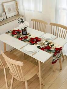 1 buah, Taplak Meja Linen, Taplak Meja Bunga Natal Merah Elegan dengan Aksen Emas - Linen, Persegi Panjang, Bukan Kain, Sempurna untuk Dapur, Pesta Luar Ruangan & Dekorasi Rumah Liburan, Dekorasi Meja Natal (13x35.4/47.2/63/72/78.7 Inci) - MultiWarna - View 3