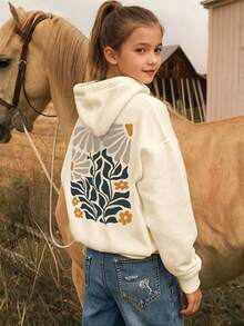 Tween Girl Casual Print Fleece Hooded Sweatshirt Jacket, Spring Autumn & Winter