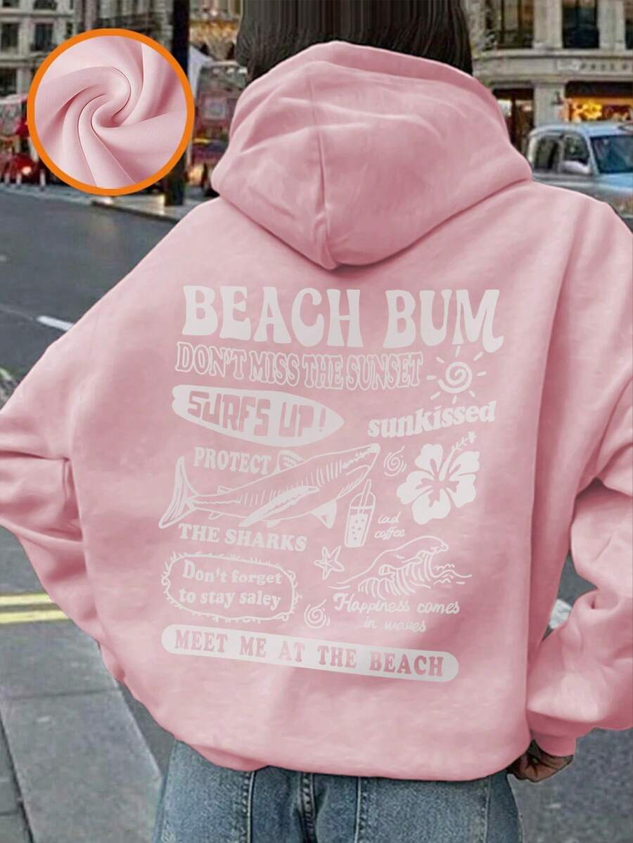 Tween Girl Students Casual Faux Velvet Hooded Print Sweatshirt, For Spring Autumn Winter - Pink - View 1