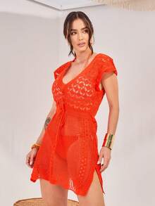 Women's Beach Cover-Up With Waistband, Slit, Short Sleeve, Crochet Knit, Summer Fashion, Pool - trái cam - Xem 4
