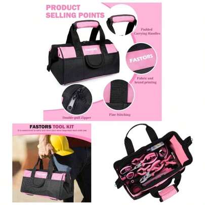 Pink Bag Women With 13 - Inch Wide Mouth Double Zippers, Bag With 8 Pockets Outside And 2 Pockets InsidePINK