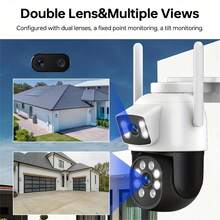 1个5G WiFi双镜头无线户外安防摄像头，2MP+2MP双镜头，智能PTZ家用监控摄像头，支持2.4/5GHz WiFi，室内CCTV IP摄像头，自动跟踪，报警，彩色夜视，可旋转云台，带双向音频的视频网络摄像头系统