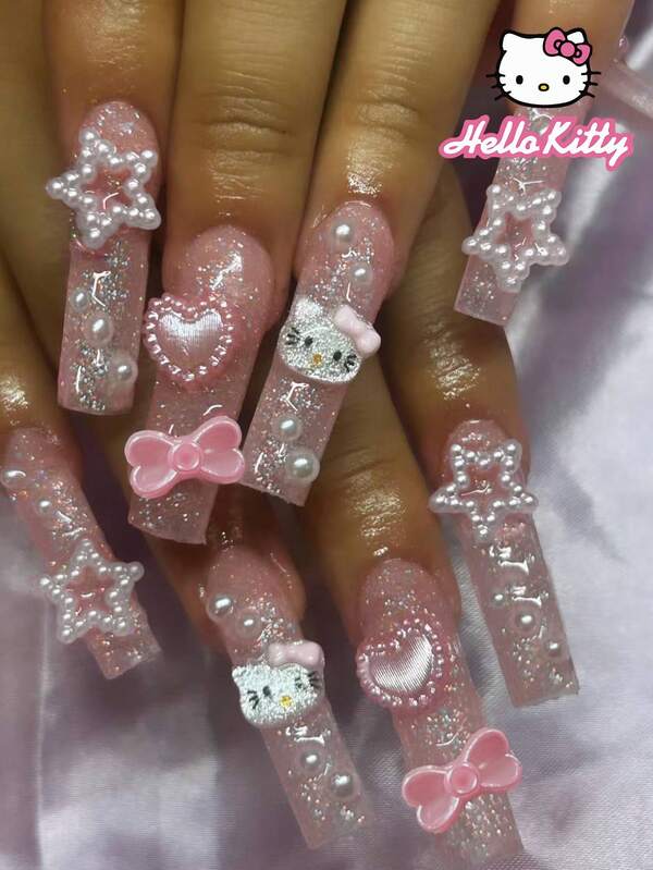 Sanrio Sanrio Hello Kitty 24pcs Long Square Silver Powder French Tip Press On Nails With 3d Hello Kitty,Bow,Star And Pearl Pattern Decoration,Pink Girl Style ,Perfect Fit Acrylic False Nails Set ,Includes: 1pc Jelly Glue And 1pc Nail File ,Hello Kitty Nails For Women And Girls Daily Life And Party Use
