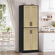 Tall Kitchen Pantry Storage Cabinet, Freestanding Storage Cabinet With 2 Rattan Doors And Adjustable Shelves Autonomous Sideboard  Accent Cabinet For Home Decor,Kitchen, Dining Room, Bathroom - Black03 - View 5