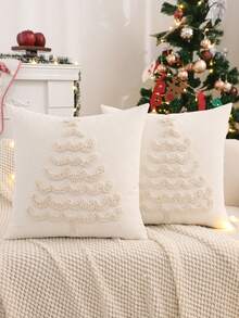 1pc/2pcs Christmas Decorative Pillow Cover, Christmas Tree Plush Embroidered Canvas, Farmhouse Decor For Living Room Sofa, Holiday Gift, Cream Color - Beige - View 9