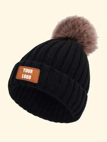 Personalized Kids Knitted Beanie Hat With Single Pom Pom, Multi-Color Options, Leather Label For Engraving, Suitable For Older Children, Winter Outings, Family Gatherings, Etc.