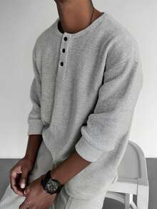 1pc Men Henley Neck Waffle Knit Top, Comfortable Casual, Henley Collar, Easy To Wear, Button Detail, Suitable For Daily Outings, Old Money Style, Fall