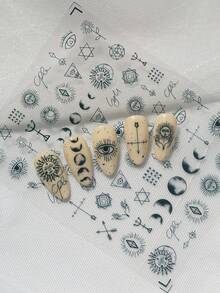 Pegatinas de uñas de alta gama con tecnología láser de relieve, en estilo gótico punk, con varios tótems de estrellas y lunas, estrellas de cuatro puntas, patrones de ojos y otros patrones de textura, adecuadas para uso personal DIY y para maestros de manicura. Suministros para uñas, pegatinas para uñas - Negro - Ver 4