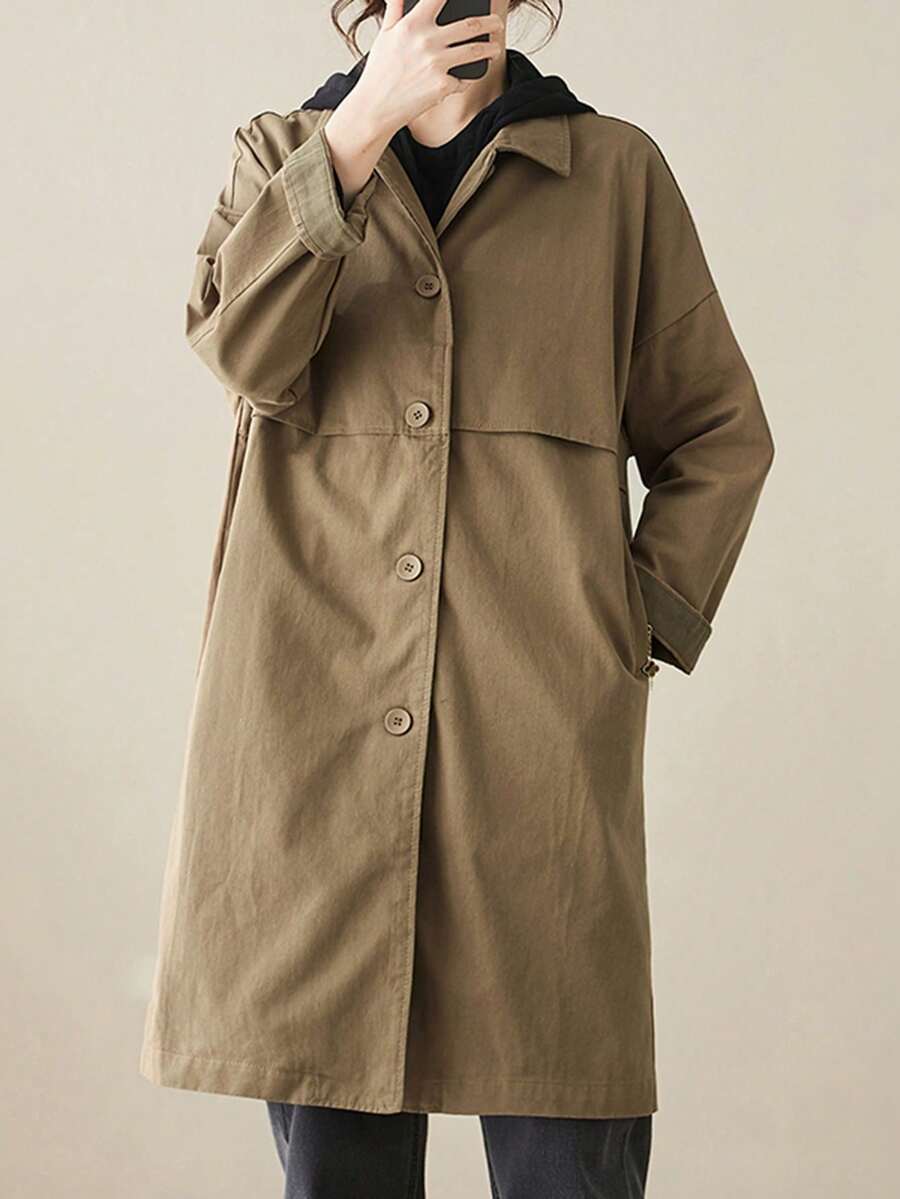 Women's Fall/Winter New Versatile Casual Oversized Trench Coat - Korean-Style, Figure-Flattering Solid Color, Mid-Length Lapel Outerwear