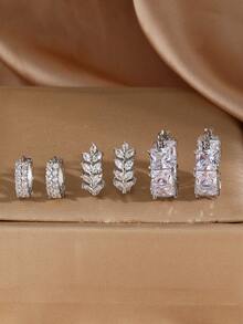 6pcs Cubic Zirconia Hoop Earrings Sets Women Leaf Silver Plated Earrings Holiday Party Birthday Wedding Jewelry Gift For Girlfriend Wife Couple