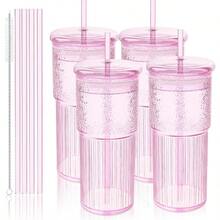Glass Cups With Lids And Glass Straws High Borosilicate 20OZ Tumblers 2Pcs For Coffee Tea Juice Smoothies Hot/Cold Drinks At Home Office - 4 件玻璃-粉紅色 - 查看 1