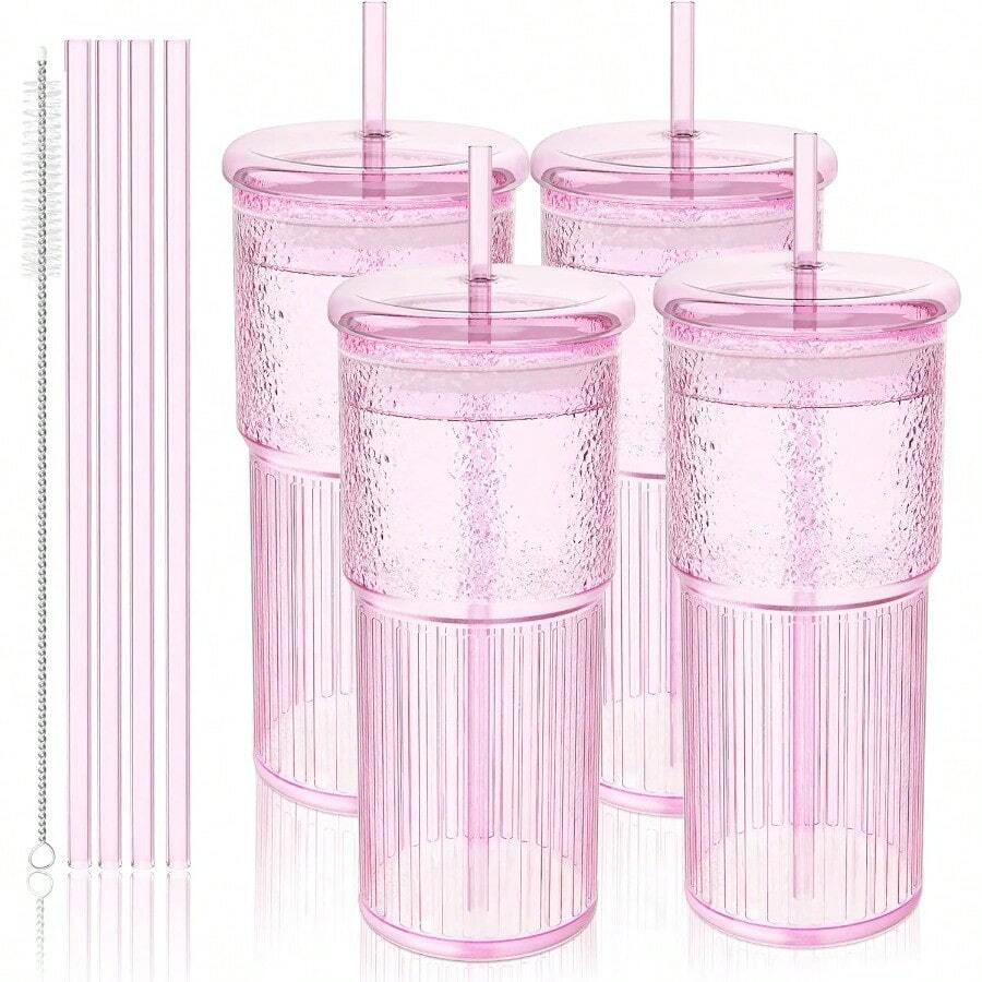 Glass Cups With Lids And Glass Straws High Borosilicate 20OZ Tumblers 2Pcs For Coffee Tea Juice Smoothies Hot/Cold Drinks At Home Office - 4 件玻璃-粉紅色 - 查看 1