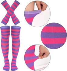 Tongcloud Women's Striped Knee High Socks, Over Knee Thigh High Socks, Arm Warmer And Fingerless Gloves SetHalloween Christmas New Year - 玫紅色和紫色 - 查看 6