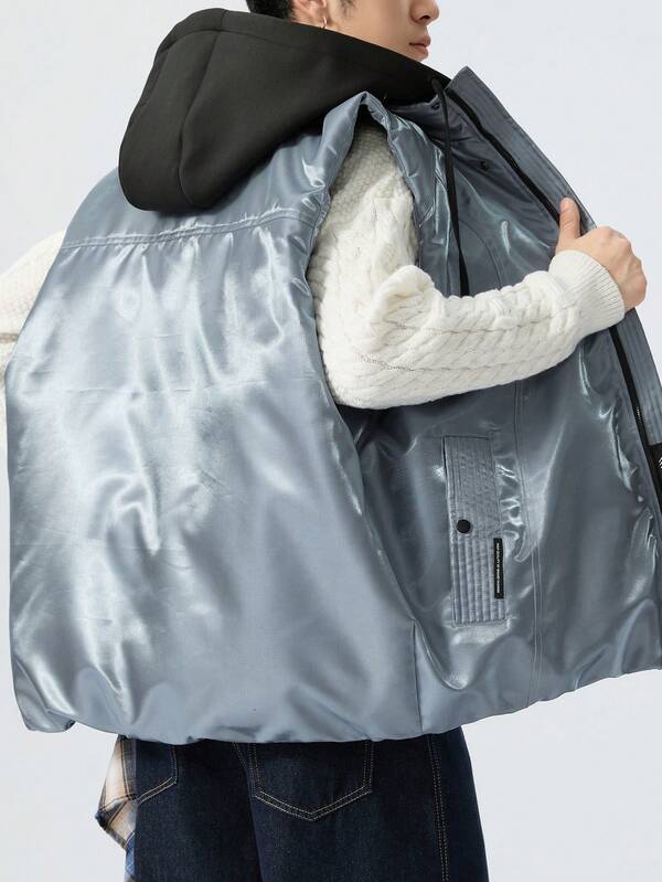 Gilet en coton grande taille, gilet matelassé à capuche bleu brillant, convient pour l'hiver