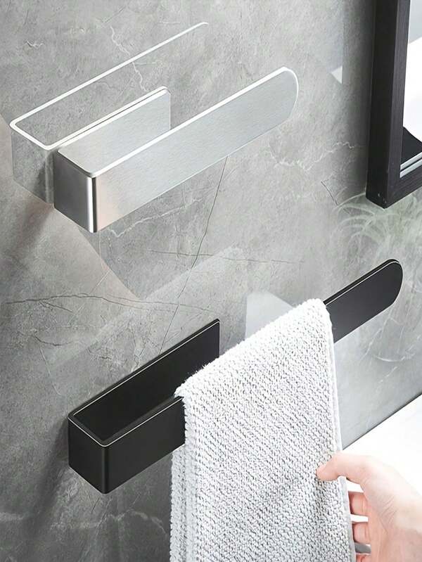 1pc Self-Adhesive Towel Rack, Bathroom Towel Hook, Matte Black Cloth Rack, No Drilling, Modern Washcloth Towel Bar, Bathroom Accessories, Silver Bathroom Fittings