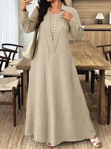 UrbanChic Waist Line Double Layer Placket Super Expansion Skirt Hemline Long Dress, Back To School, Going Out Outfits, Romantic Holiday Style, Summer Holiday Outfits, Weddings & Events, Going Out Outfits, Vacation Outfits Women, Beach Outfits For Women, Spring Break Outfits - Khaki - View 8