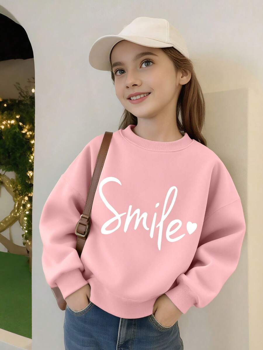1PC Girls Fresh "Smile" Print Sweatshirt, Soft Fabric, Casual Outing Versatile Style - Pink - View 1