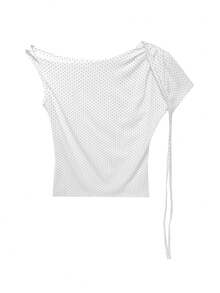 Sweet Girl Contrast Polka Dot Asymmetric Off-Shoulder Tie T-Shirt, Versatile Casual Fitted Top For Women - White - View 1