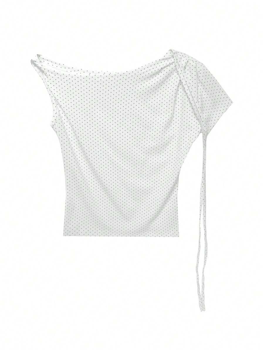 Sweet Girl Contrast Polka Dot Asymmetric Off-Shoulder Tie T-Shirt, Versatile Casual Fitted Top For Women - White - View 1