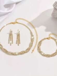 3 Peças Conjunto de Colar, Pulseira e Brincos com Borla, Conjunto de Joias Trançadas em Cruzamento para Mulheres, Acessórios Nupciais para Casamento e Festa - Multicolorido - Visão 3
