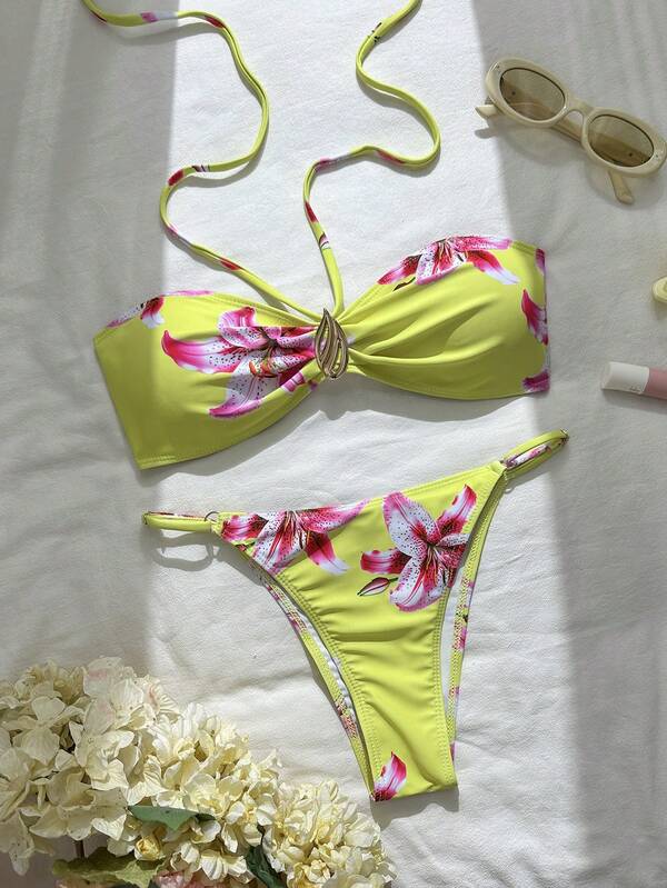 Casual Yellow Floral Print Halter Bikini 2-Pieces Set, Featuring A Tie Design And 3D Metal Embellishments, Perfect For Beach Vacations, Pool Parties, And Summer Outings.