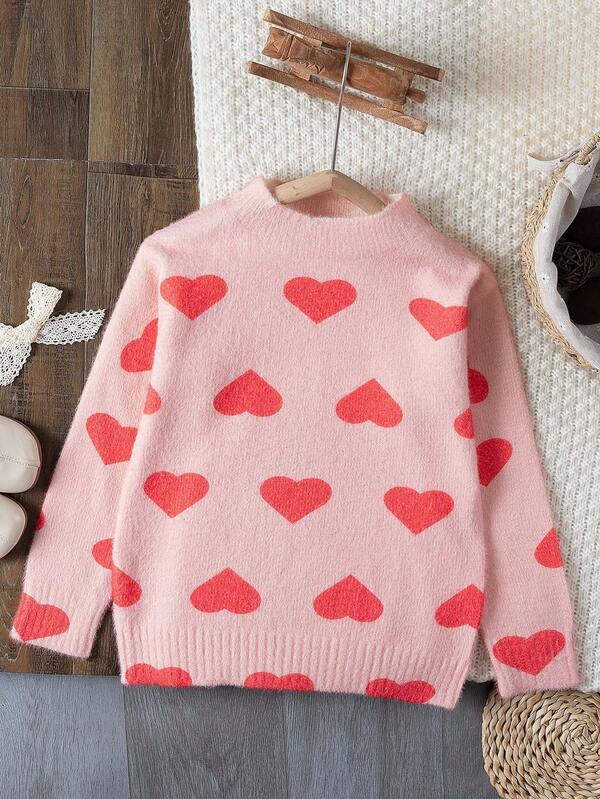 Talla grande, pide una talla menos. Suéter de niña con estampado de corazón de moda, jersey informal y adecuado para vacaciones, excelente como regalo