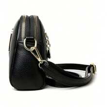 2-Layer Zipper Diagonal Shoulder Bag, Fashionable PU Soft Leather Women's Handbag, Simple Versatile Clutch, Middle-Aged Women's Bag, Shoulder Small Purse - Black - View 5