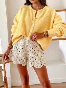 Plus Size Fall And Winter Plus Size Fashion Casual Holiday Elegant Cream Yellow Small Round Neck Design Long Sleeve Cardigan Sweater Women's Brunch Outfits For Women Fall Women Clothes Sweater
