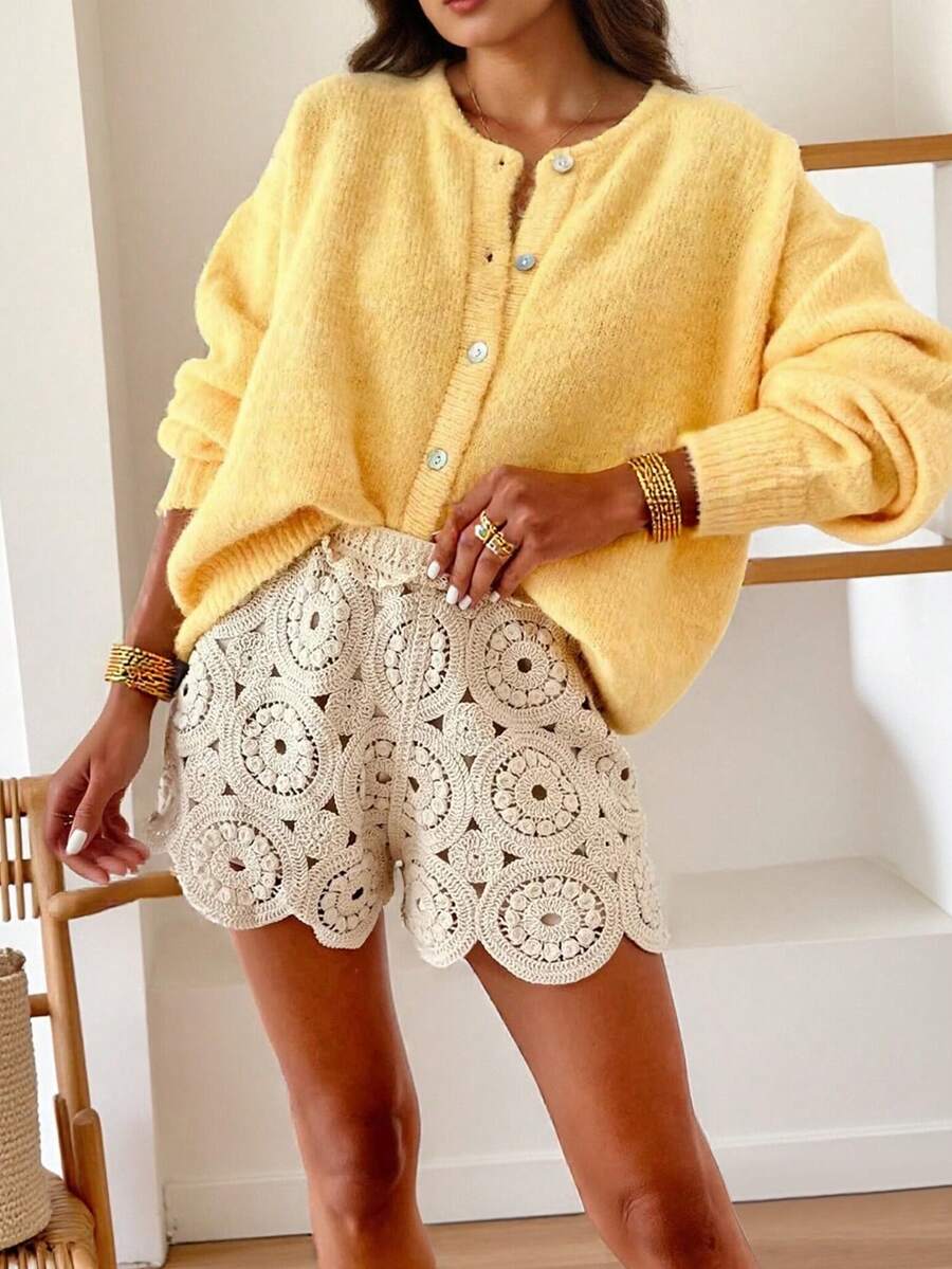 Plus Size Fall And Winter Plus Size Fashion Casual Holiday Elegant Cream Yellow Small Round Neck Design Long Sleeve Cardigan Sweater Women's Brunch Outfits For Women Fall Women Clothes Sweater