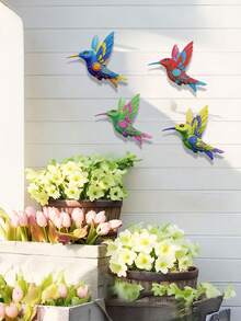 4 piezas de arte de pared de metal de colibrí vibrante - reutilizable, esculturas coloridas para decoración interior y exterior, perfectas para balcón, jardín y sala de estar, arte de pared de jardín | Arte de pared vibrante | Arte de metal duradero, decoración de colibrí, perfecto para la decoración de la habitación