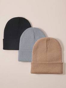 1pc/3pcs Simple Solid Color Fashion Beanie Hat, Suitable For Daily Life, Warm Outfit - Multicolor - View 3