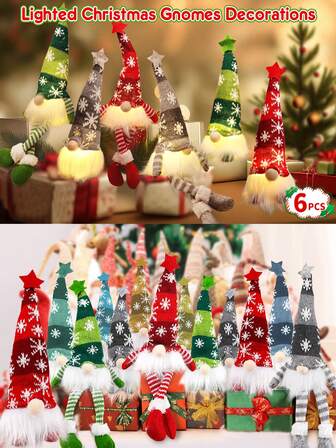6 Pcs Gnomes Christmas Decorations, Lighted Handmade Light Up Elf Holiday Present Gift Santa Tabletop Xmas Christmas Ornaments Decor Home Tabletop Decorations Gifts Home Decor Room Decor Christmas Decorations Home Christmas Gifts Christmas Decor