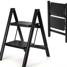 Escalar con escalera plegable de 2 pasos con pasos anchos antideslizantes, ideal para hogar y cocina, ligera y portátil, con marco resistente, diseño moderno, construcción duradera - Negro - Ver 2