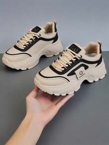 New Women Athleisure Sneakers, Thick Sole Chunky Elevated, Lightweight & Comfortable, Breathable Versatile Chunky Sneakers, Non-Slip - Black - View 5