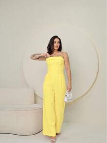 Strapless Jumpsuit With Padded Pants And Pockets, Contrasting Waist - Yellow - View 2