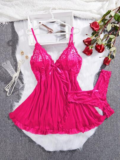 weiweihu Plus Size Ladies Solid Color Bow Lace Patchwork V-Neck High Slit Nightgown + Lace Thong ,Three-Piece Set Women Sexy Deep V, Lace Lotus Ladies Sexy Underwear Set, Bedroom Bathroom, Underwear Party Universal Sexy Underwear Set ,  Lingerie Set>Costume   Cosplay Lingerie  Red Pajama Set  Night Gown Women Halloween Costumes Plus Size  Plus Size Halloween Costume