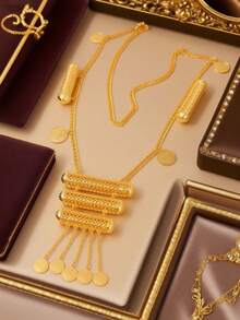 1pc Gold-Plated Turkish Kurdish Bridal Shoulder Chain, Arabic Coin Totem Long Necklace, Wedding Festival Women Jewelry - Gold - View 7