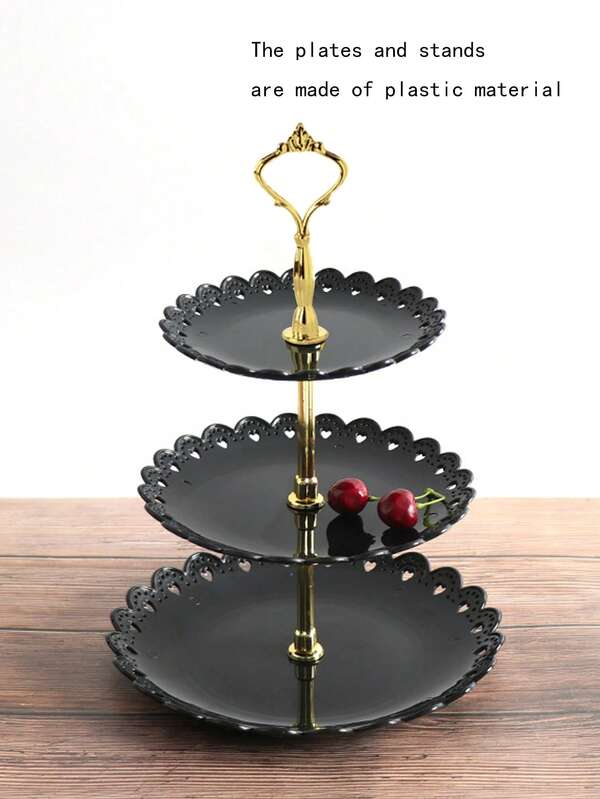 Zestaw 4 plastikowych tacek deserowych (3 tace i 1 akcesoria), wielowarstwowy stojak na ciasto do codziennego użytku w gospodarstwie domowym, styl europejski