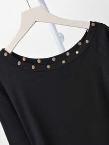 复古美式性感铆钉不对称肩长袖修身休闲上衣，初秋