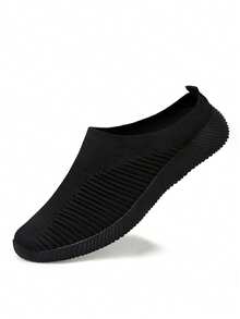 女式黑色透气针织休闲平底一脚蹬鞋，轻便舒适 - 黑色 - 查看 8