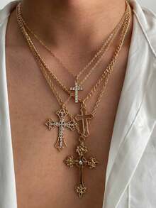 4 件赛博朋克风格十字架项链，多层吊坠项链配饰，时尚百搭，适合女性 - 金色 - 查看 3