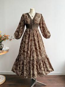 Rusttydustty Đầm maxi dài màu nâu in họa tiết retro kiểu Bohemian dành cho nữ cỡ lớn, thích hợp cho tiệc trà, du lịch hàng ngày, đi nghỉ mát, cổ chữ V, viền bèo nhún, eo cao, phù hợp cho tiệc năm mới và những dịp trang trọng. - màu nâu - Xem 4