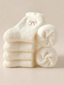 2/3 paires de chaussettes mi-mollet en peluche pour femmes avec motif mignon de nœud et de cœur. Épaisses, douces, moelleuses, chaudes et confortables. Couleurs aléatoires - Multicolore - Voir 1