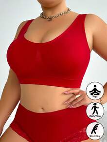 1 件女士加大码纯色双层无缝运动文胸透气无钢圈文胸适合瑜伽和健身内衣 - 紅色 - 查看 5